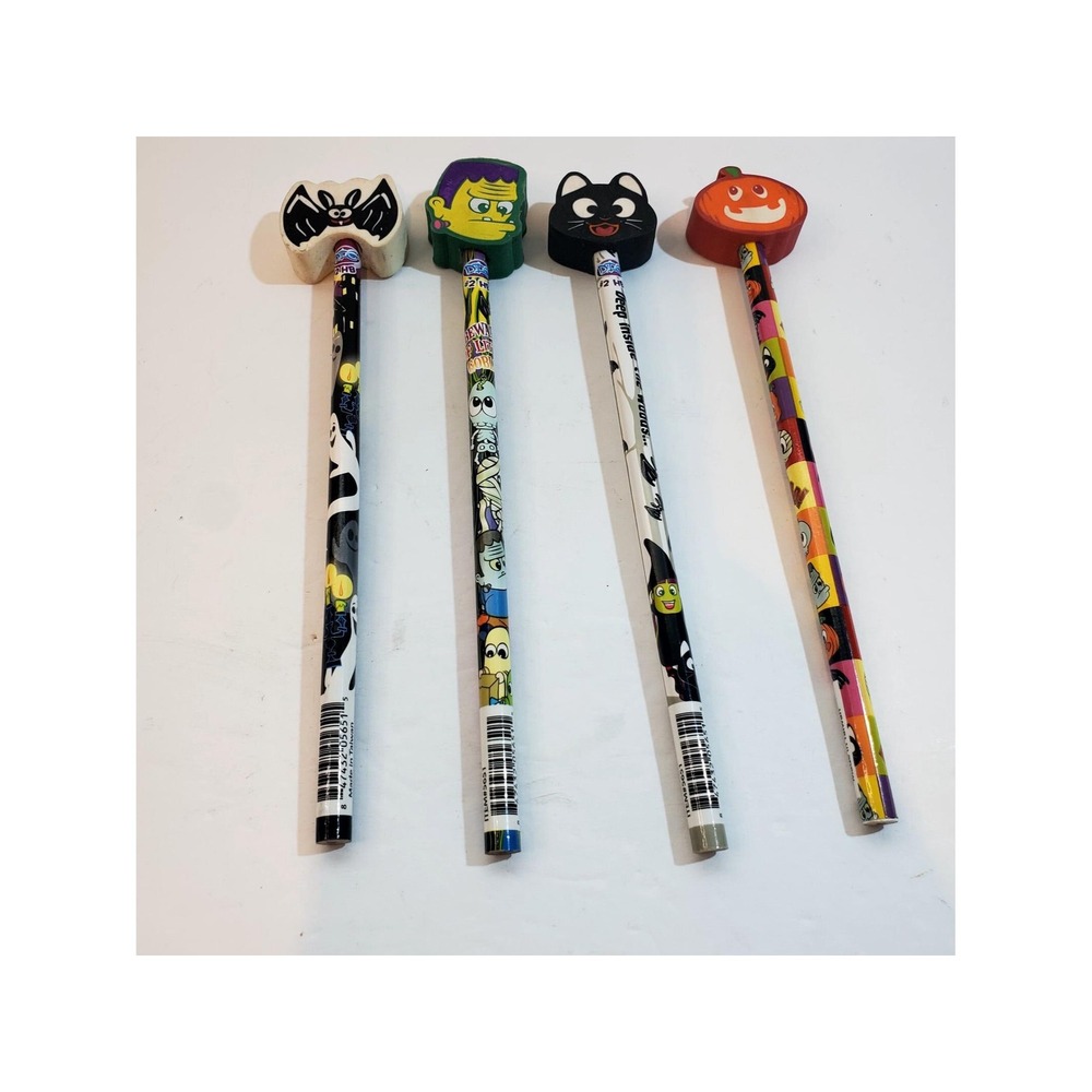 4 VIntage DIG #2 HB Unsharpened Halloween Pencils W/ Erasers Cat Bat Pumpkin